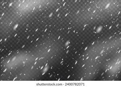 Falling realistic snowflakes on a transparent background for winter decor. Frost storm effect. New Year and Christmas background with snow in the air. Snow wallpaper, decorative element.