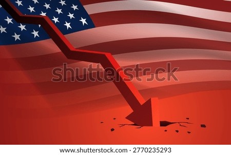 Falling red arrow crashing through the American flag symbolizing economic decline, recession, and financial crisis in the United States. 