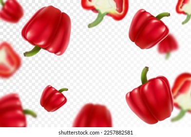 Falling red bell peppers isolated on a transparent background with clipping path as package design element and advertising. Flying vegetables with blurry effect. Realistic 3d vector