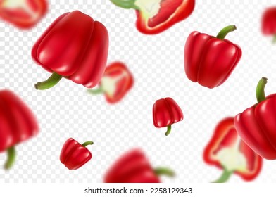 Falling red bell peppers isolated on a transparent background with clipping path as package design element and advertising. Flying vegetables with blurry effect. Realistic 3d vector