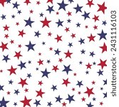 Falling red and blue stars on a white background, the color palette symbolizes the American flag.