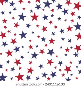 Falling red and blue stars on a white background, the color palette symbolizes the American flag.