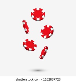 Falling red casino chips in 3d style design with shadow isolated on white background. Gaming illustration.