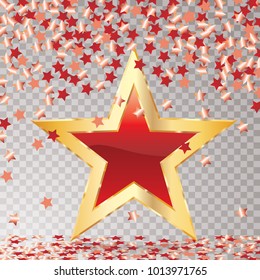falling red confetti over golden red star, editable vector holidays or show business background