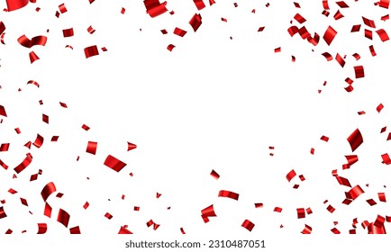Falling red cut out foil ribbon confetti frame with space for text. Design element for web, cards, flyers, invitations. Vector illustration.