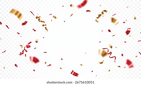 Confeti rojo y dorado que cae, aislado en fondos transparentes