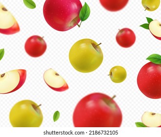 Falling red and green apples isolated on transparent background. Blurred apple fruits realistic 3d vector