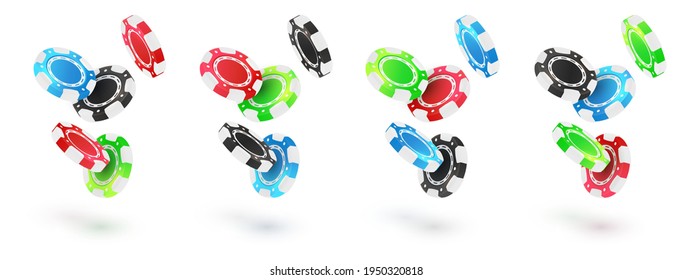 Falling red, green, blue, black poker chips, tokens on white background. Vector illustration for casino, game design, advertising.