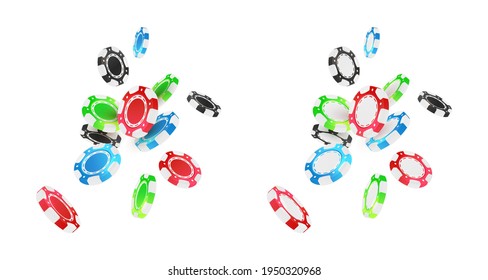 Falling red, green, blue, black poker chips, tokens on white background. Vector illustration for casino, game design, advertising.