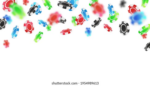 Fallende rote, grüne, blaue, schwarze Pokerchips, Token auf weißem Hintergrund. Vektorgrafik für Casino, Spieldesign, Flyer, Poster, Banner, Web, Werbung.