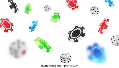 Falling red, green, blue, black poker chips, tokens, silver dices on white background. Vector illustration for casino, game design, advertising.