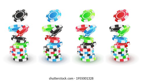 Falling red, green, blue, black stack poker chips, tokens on white background. Vector illustration for casino, game design, advertising.