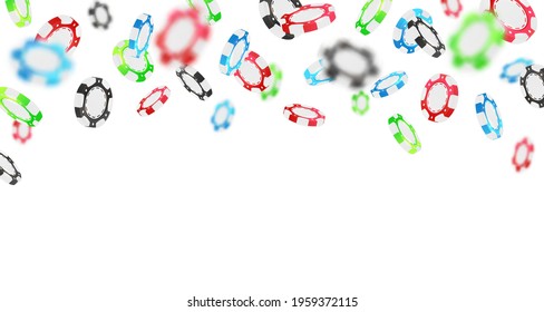 Falling red, green, blue, black poker chips, tokens on white background. Vector illustration for casino, game design, flyer, poster, banner, web, advertising.