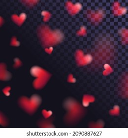 Falling red hearts on transparent background with blur effect