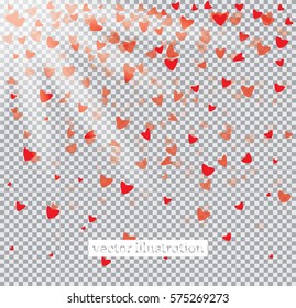 Falling Red Hearts on Transparent Background. Valentine's Day Background. Vector Illustration.