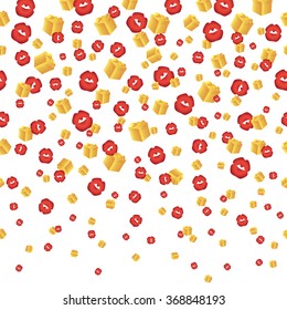 Falling red kisses, gold boxes seamless background. Vector illustration with a clipping mask.
