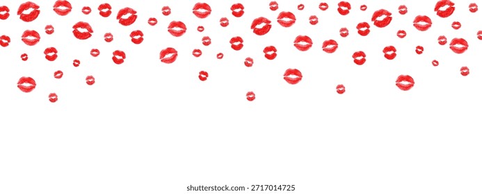 Borde de beso de lápiz labial rojo que cae. Impresiones de labios de acuarela. Diseño romántico de impresión de labios perfecto para el día de San Valentín y proyectos de temática amorosa