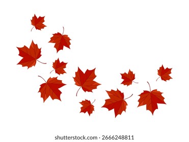 Hojas de arce rojo cayendo aisladas sobre fondo blanco. Ilustración plana de dibujos animados de Vector. Diseño de otoño.