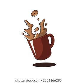 Falling red mug with a splash of coffee vector illustration. Floating of spill coffee mug in flat design elements.