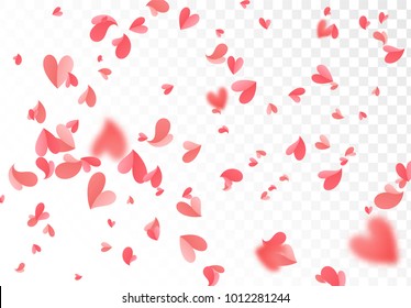 Falling red and pink confetti hearts isolated on transparent background.