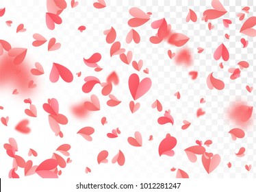 Falling red and pink confetti hearts isolated on transparent background.