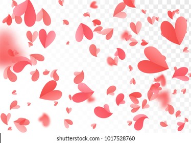 Falling red and pink confetti hearts isolated on transparent background.