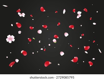 Pétalos de rosa rojos y rosas que caen. Pétalos rojos y rosados sobre fondo oscuro Ilustración vectorial