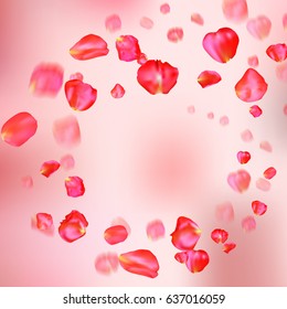 A lot of falling red rose petals on pink background. Vector illustration. Round shape. Frame or border - template for greeting card or wedding invitation