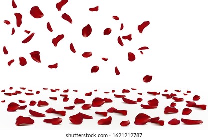 Falling red rose petals seasonal confetti, blossom elements flying isolated. Abstract floral background with beauty roses petal. design for greeting cards on March 8, Women Day, Valentine's Day.