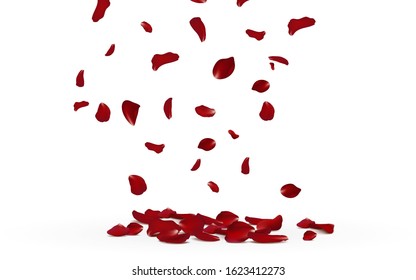 Falling red rose petals seasonal confetti, blossom elements flying isolated. Abstract floral background with beauty roses petal. design for greeting cards on March 8, Women Day, Valentine's Day.