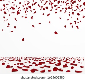 Falling red rose petals seasonal confetti, blossom elements flying isolated. Abstract floral background with beauty roses petal. design for greeting cards on March 8, Women Day, Valentine's Day.