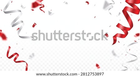 Falling red and white or silver confetti, celebration banner with empty space for template 