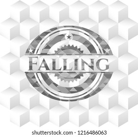 Falling retro style grey emblem with geometric cube white background