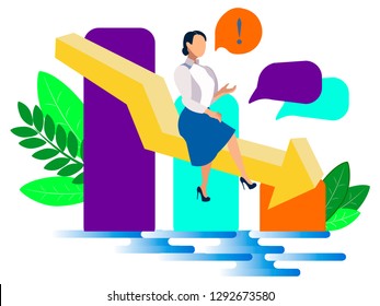 Falling revenue. Arrow aim down. Business lady slides down profits. In minimalist style. Cartoon flat Vector Illustration