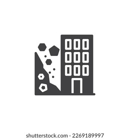 Caer en la roca en el icono del vector de la casa. signo plano relleno para concepto móvil y diseño web. Piedras cayendo sobre el icono del glifo de la casa. Símbolo, ilustración del logotipo. Gráficos vectoriales