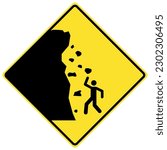 Falling rock warning sign and labels