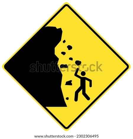 Falling rock warning sign and labels
