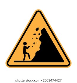 Falling rock warning. Yellow triangular sign. Danger mountain symbol. Vector safety icon.