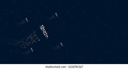 Ein herabfallendes Raketensymbol, gefüllt mit Punkten, fliegt durch die Sterne und hinterlässt einen Weg. Es gibt vier kleine Symbole. Vektorgrafik auf dunkelblauem Hintergrund mit Sternen