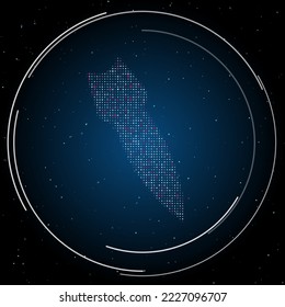 El símbolo del cohete que cae lleno de puntos blancos. Estilo de puntillismo. Algunos puntos son rosas. Ilustración vectorial sobre fondo azul con estrellas