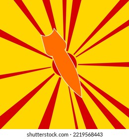 Falling rocket symbol on a background of red flash explosion radial lines. A large orange symbol is located in the center of the sunrise. Vector illustration on yellow background