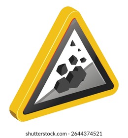 Falling rocks ahead yellow triangle road sign isolated on white background warning of danger area ahead