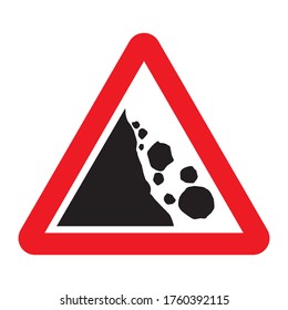 Falling rocks or debris warning road sign. Vector illustration of landslide caution traffic sign. Attention red triangle mark isolated on white background.