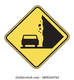 Falling rocks or debris warning road sign. Vector illustration of landslide caution traffic sign. Attention yellow diamond shaped sign isolated on white background.