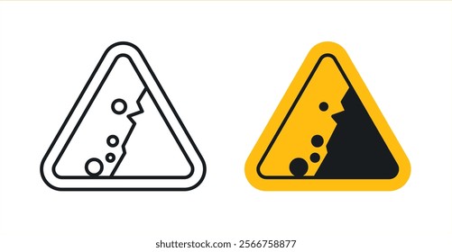 Falling rocks or debris warning road signs in black outline, solid and colored style