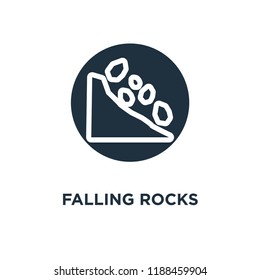 Falling rocks icon. Black filled vector illustration. Falling rocks symbol on white background. Can be used in web and mobile.