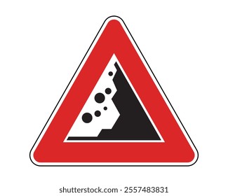 Falling Rocks Road Sign Featuring a Triangular Shape with a Red Border and White Background, Indicating the Possibility of Avalanches, Landslides, or Rockfalls, Available as a Vector File