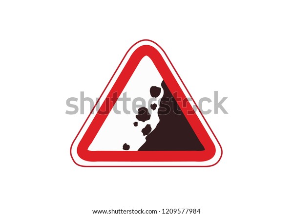 falling rocks road sign. Warning sign with gravel
on road symbol. Vector illustration of triangle traffic sign for
gravel. Warning signs. traffic training.  traffic rules. Traffic
signs. road signs