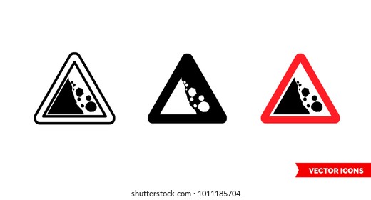 Falling rocks sign icon of 3 types: color, black and white, outline. Isolated vector sign symbol.