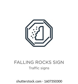 Falling rocks sign icon. Thin linear falling rocks sign outline icon isolated on white background from traffic signs collection. Line vector sign, symbol for web and mobile